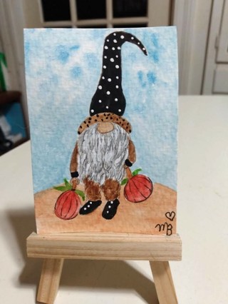 ACEO Original, Watercolor Painting 2-1/2"X 3/1/2" It's Pumpkin Pie Time by Artist Marykay Bond