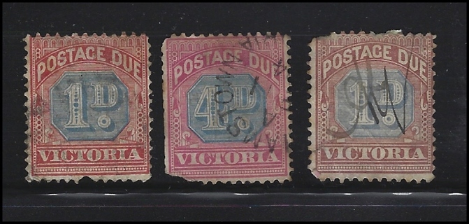 1890-91 Victoria (Australia state) BOB stamps (3), U/w/flaws, Scott #s J2,J4,J12, est CV $8.00