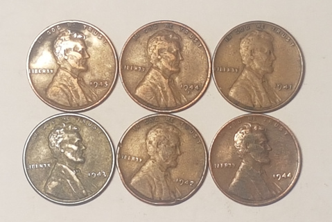 Lot 6 US 1 Cent Lincoln Wheat Penny Coin 1941 1942 1943 1944 1944D 1945