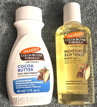 Brand New Trial Sized: Palmer’s Cocoa Butter (1.7 oz) Lotion and (1.7 oz) Moisturizing Body Oil