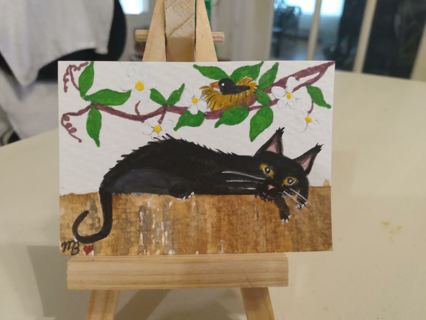 Original, Watercolor Painting 2-1/2"X 3/1/2"Black Cat and Nesting Bird by Artist Marykay Bond