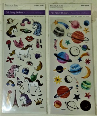 2 sheets of Foil Fancy stickers: Unicorns and Space