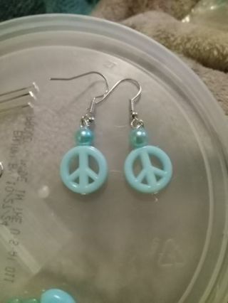 Baby Blue peace sign charm pearl Beaded hook earrings nip