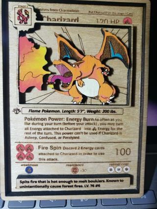 Hand-made Pokémon Charzard 1st edition Wooden Trading card 3"× 3" inches