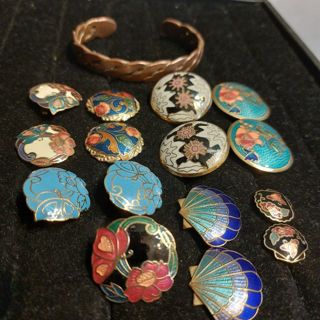 Cloisonne items of jewelry and copper cuff bracelet