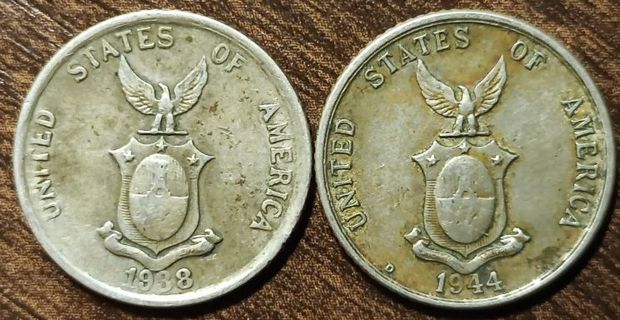 1938 & 1944-D Philippines Silver 20 Centavos Full bold dates!