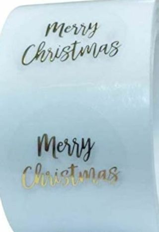 ⛄(2) 1" Merry Christmas GOLD FOIL/TRANSPARENT STICKERS⛄