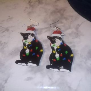 Acrylic Christmas Cat Earrings-Solid Black On Back