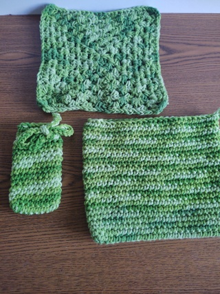 Hand Crocheted Cotton Dishcloth, Potholder and Soap Saver Set