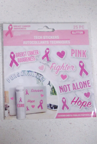 Breast Cancer Awareness PINK RIBBON Glitter Tech Stickers 