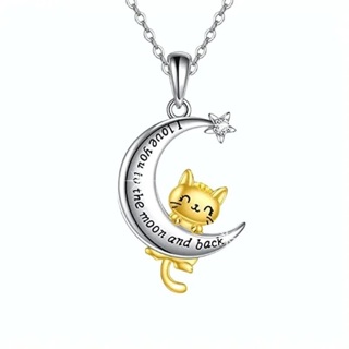 New Silver & Gold tone Necklace "I Love U To The Moon And Back" with Cat Pendant Necklace