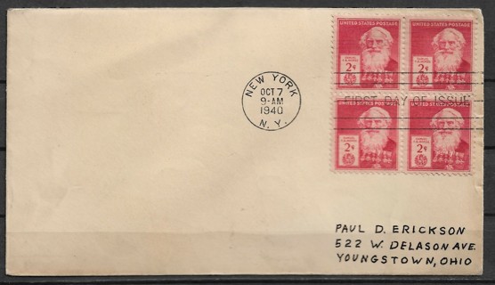 1940 Sc890 2¢ Samuel Morse block of 4 FDC