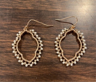 Vintage Gold Tone Metal & White Seed Bead Pierced Earrings