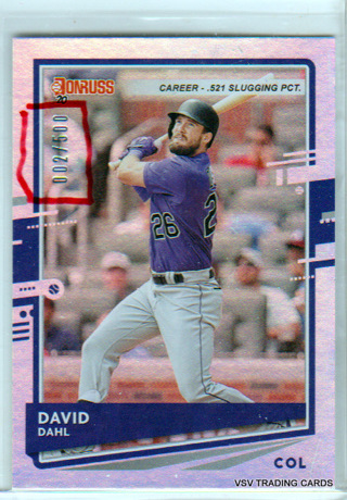 David Dahl, 2020 Panini Silver Border Card, Colorado Rockies, 002/500, (EL4)