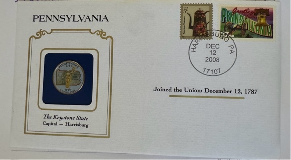 PENNSYLVANA COLORIZED QUARTER & FIRST DAY COVER BY POSTAL COMMEMORATIVE SOCIETY