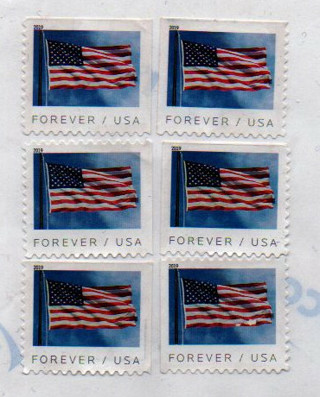 uncanceled US Postage * six (6) forever stamps * self-adhesive on foil 