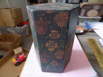 7 inch tall six sided cardboard treasure box lift off lid floral design dark background