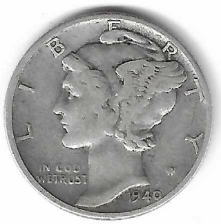 Vintage 1940 Mercury Dime 90% Silver U.S. 10 Cent Coin