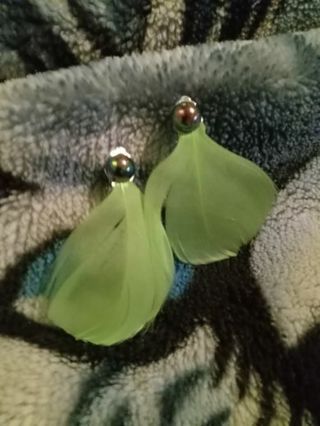 Neon green metallic blue black feather clip on earrings