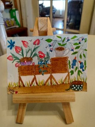 Original, Watercolor ACEO Painting 2-1/2"X 3/1/2" Whimsical Flower Potting stand by Artist Marykay 