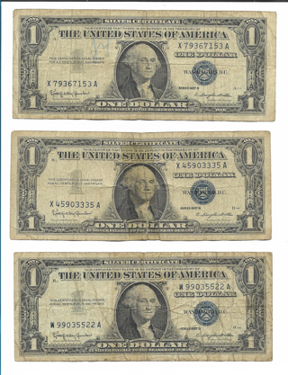 Three (3) 1957 B Blue Seal $1 Silver Certificates