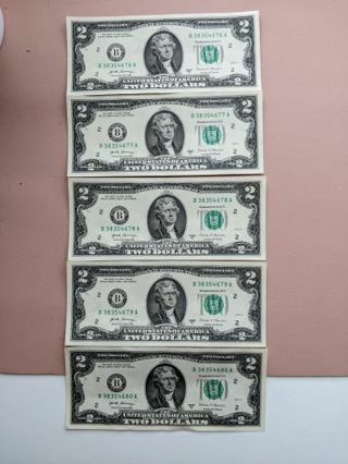 Five (5) $2 Bills In Serial # Sequence In Great Conditions