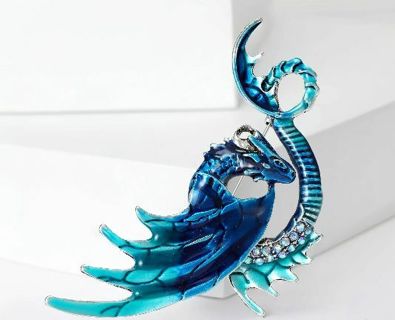 Beautiful Blue Bejeweled Flying Dragon Brooch