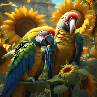 Listia Digital Collectible: Parrots Surrounded By Sunflowers
