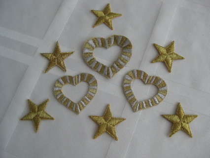 Embroidered gold&silver 3 hearts and 6 stars, iron on patches. New out of package