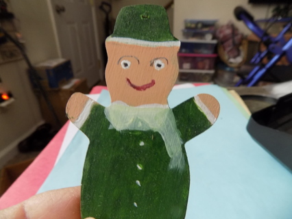 Hand painted double sided wood ornament elf dressed in green 3 inch