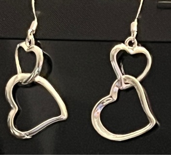 Brand New: Silver Heart Linked to Heart Dangling Earrings! Pretty! Extra Earring Backs Included 