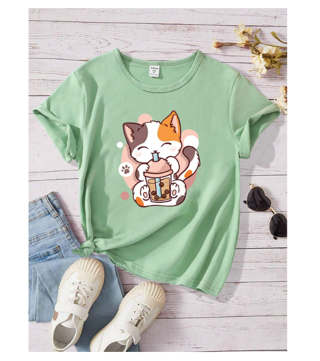 Tween Girl Fun Boba Cat Pattern Round Neck Short Sleeve T-Shirt
