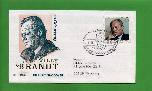 FREE: Germany: FDC 80. birthday of Willy Brandt 10.11.1993