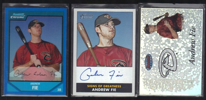 2007 Bowman Andrew Fie 3 different Cards - Serial Numbered AUTO & Refractor - Arizona Diamondbacks