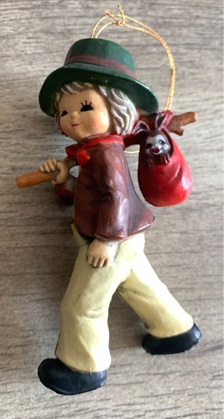 Vintage Boy In Hat With Bunny & Stick Christmas Ornament 