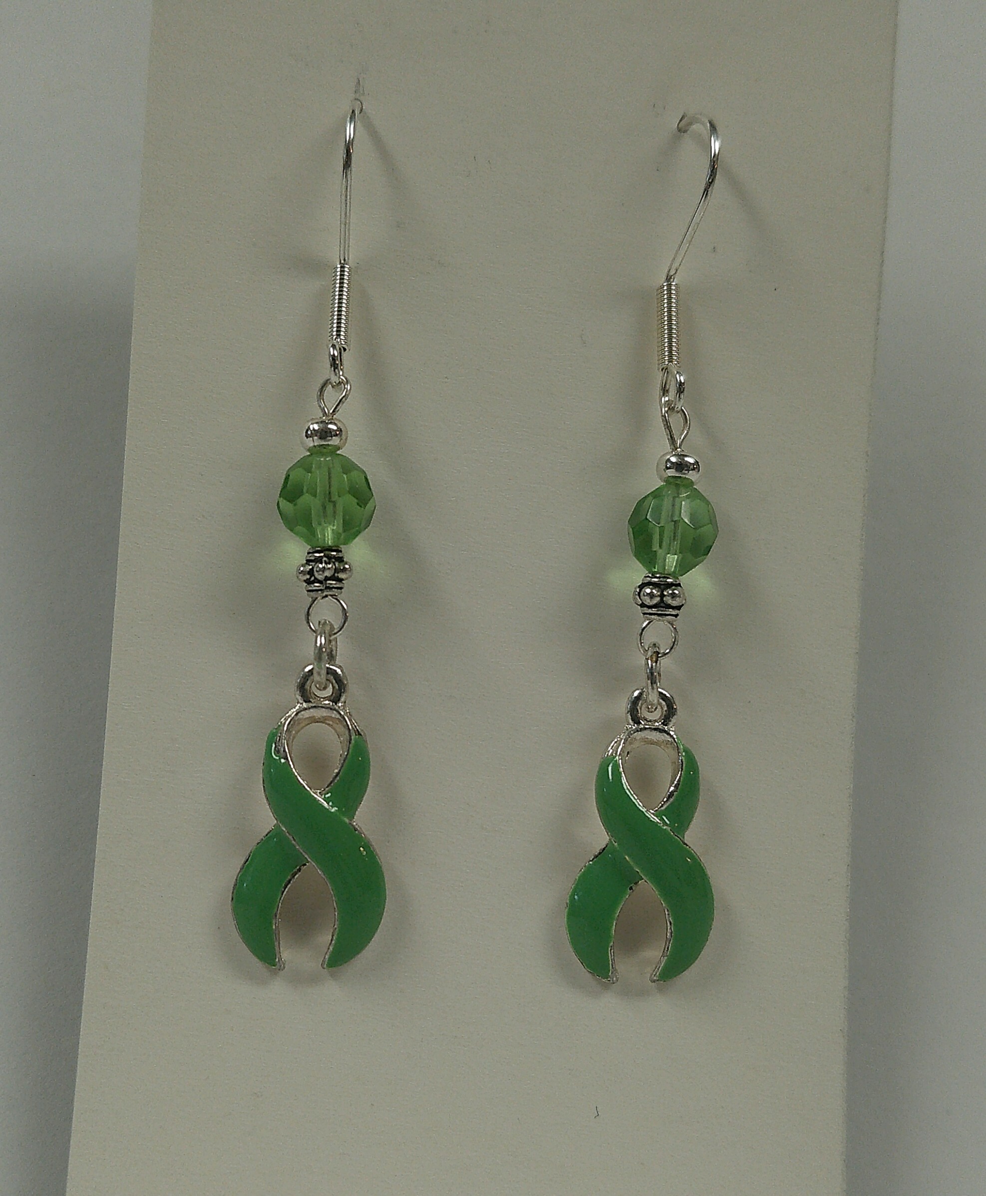 Free: Mental Health Awareness Green Ribbon Beaded Dangle Earrings NEW Handmade