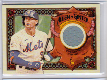 Brandon Nimmo, 2022 Topps Allen & Ginter BLUE Relic Card #AGRA-BN, New York Mets, (L3)