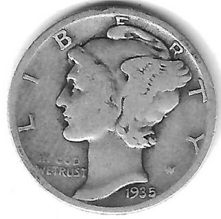 1935 Mercury Dime 90% Silver U.S. 10 Cent Coin