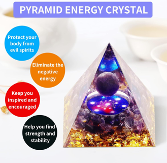 Orgone Hexagram Healing Pyramid - Amethyst & Obsidian - Reduce Stress, Attract Wealth, Luck, Energy