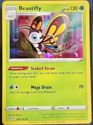 Pokemon Beautifly Sword & Shield - Lost Origin 008/196 Holo Rare NM