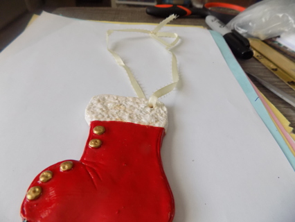 hand made red Christmas boot necklace on white satin ribbon 3 inch