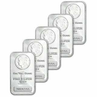 FIVE (5) 1 oz. Highland Mint Silver Bar - Morgan Dollar Design .999+ Fine