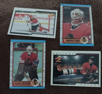 4 Chicago Blackhawk NHL hockey cards Darren Pang Ed Belfour , Denis Savard cards, Alain Chevrier