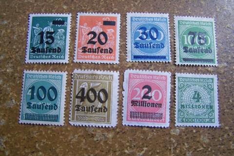 Lot of 8 Stamps - 1920s Germany Inflation Stamps - 4 Million Marks!