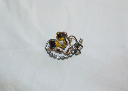 Vintage Carl Art Painted Pansy Gold with Rhinestones Brooch Pin V20 12K G.F.