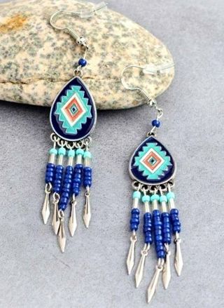 Tribal style geometric drop earrings silvertone