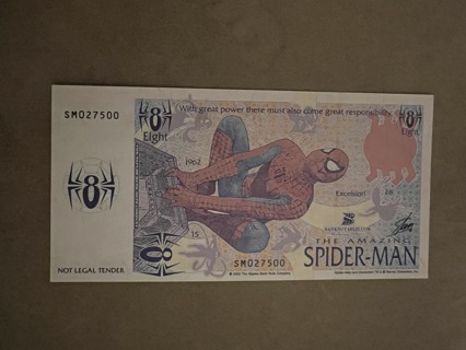 Amazing Spider Man $8 banknote Naples Bank Note Company security features