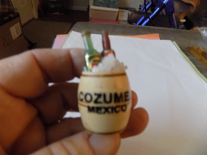 Cozumel Mexico souvenir carved wood barrel with 2 bottles liquor & ice magnet