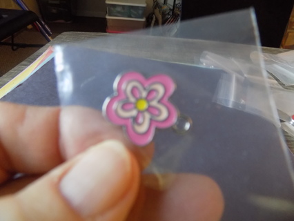 2 shades pink enamel 5 petal flower charm with yellow center 1 inch  # 2