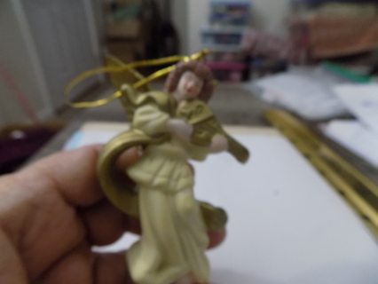 4 inch angel ceramic ornament yellow gown playing mandolin like violin